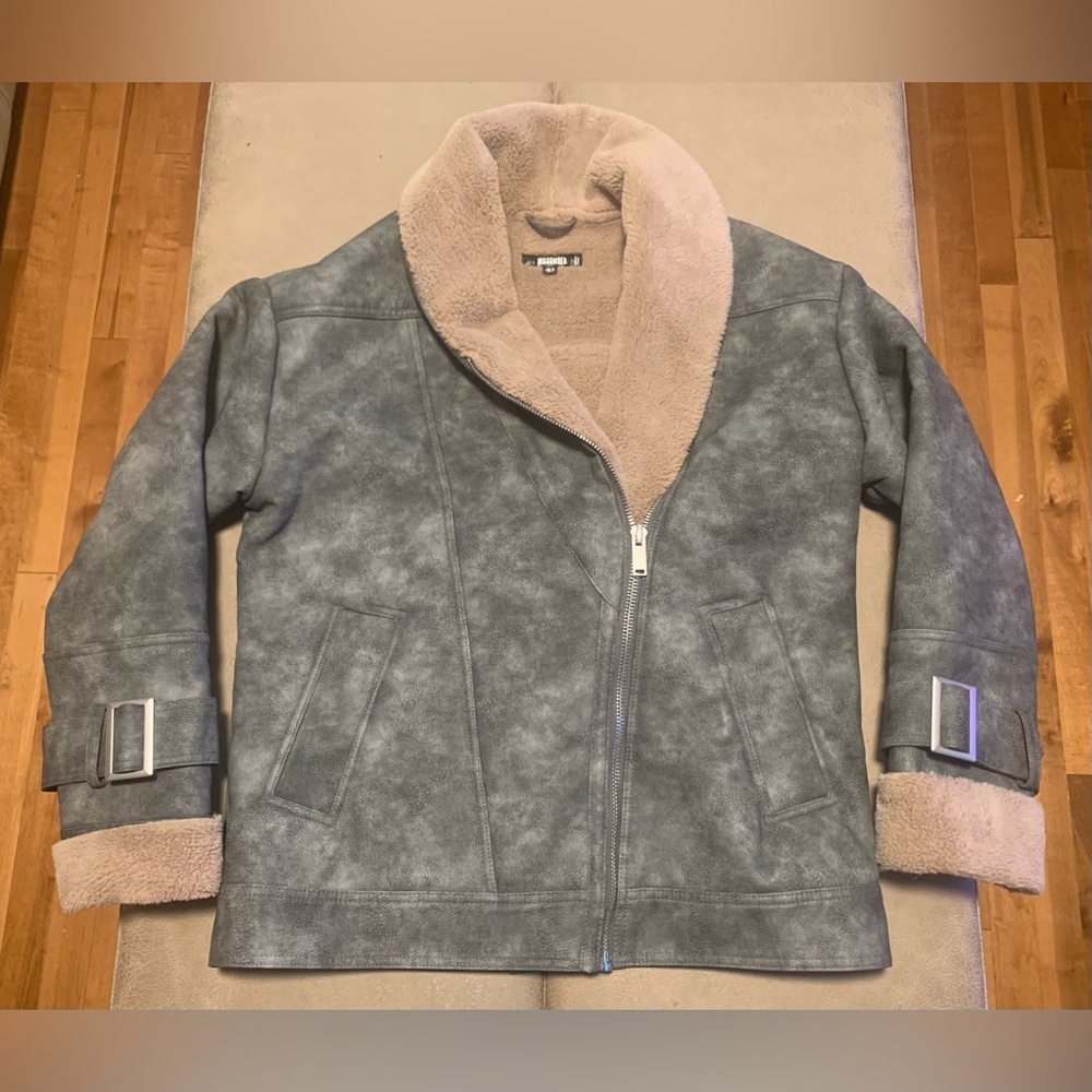 Missguided Womens Cloud Gray Faux Leather Fur Biker Aviator Jacket Coat Size 4